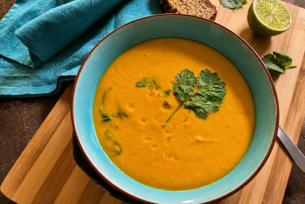 Bowl of Thai-Style Pumpkin Soup topped with fresh coriander and served with lime and seeded bread.