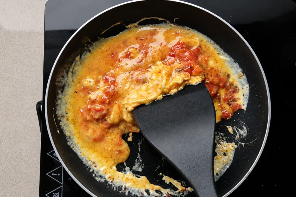 Scrambled eggs gently stirred into a rich tomato sauce in a frying pan.
