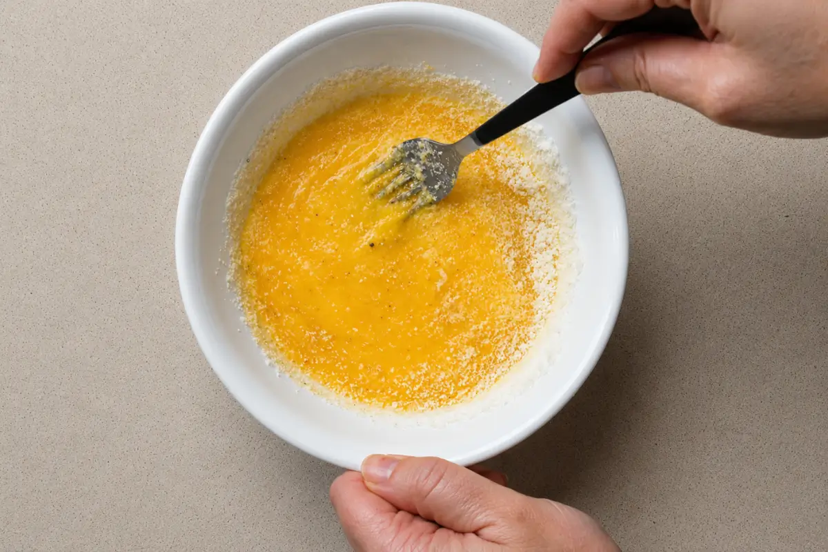 Eggs whisked with Parmigiano Reggiano and black pepper for scrambled eggs in tomato sauce.