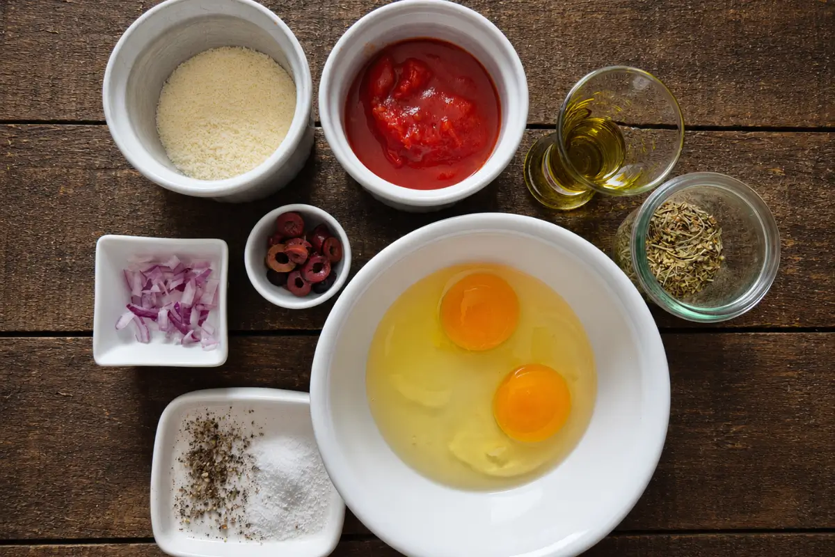 Eggs, crushed tomatoes, Parmigiano Reggiano, olives, onion, olive oil, and Herbes de Provence arranged for a tomato and egg dish.