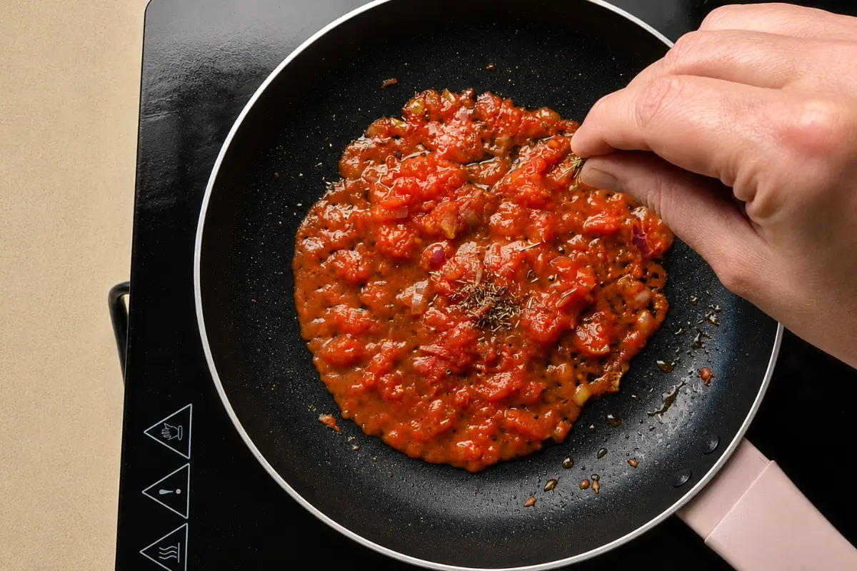 Herbes de Provence sprinkled over simmering tomato sauce in the pan.