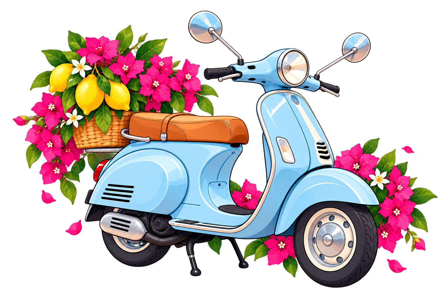 Cute blue Italian Vespa with lemons and bougainvillea
