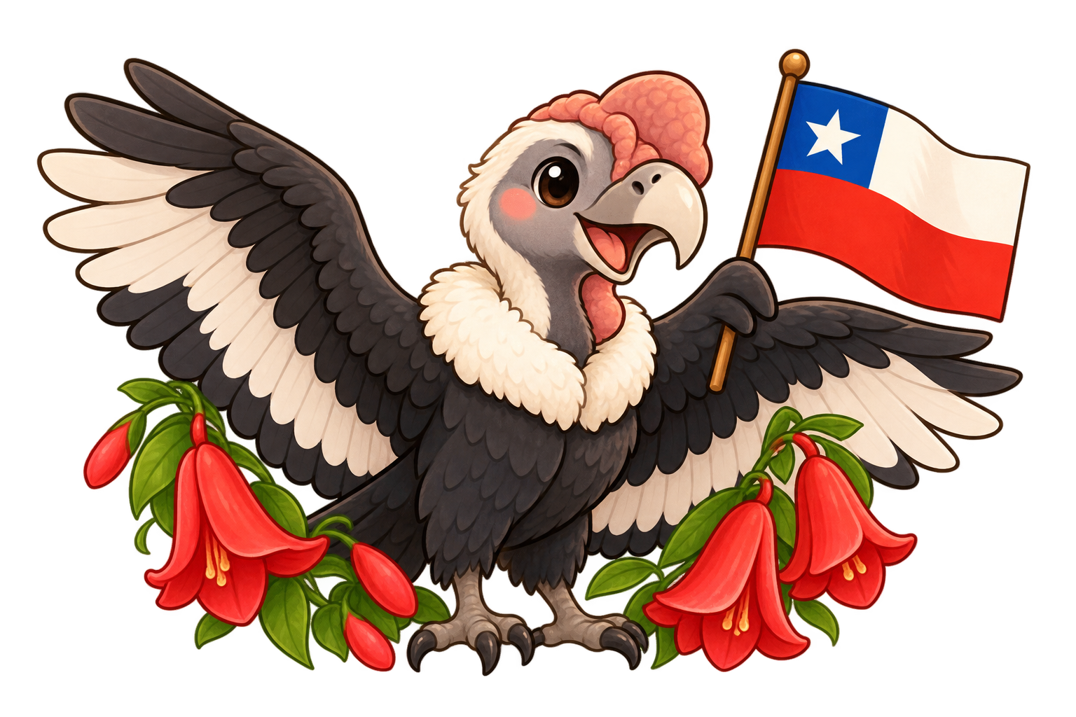 Kawaii Chilean condor with Chilean flag and red copihue flowers