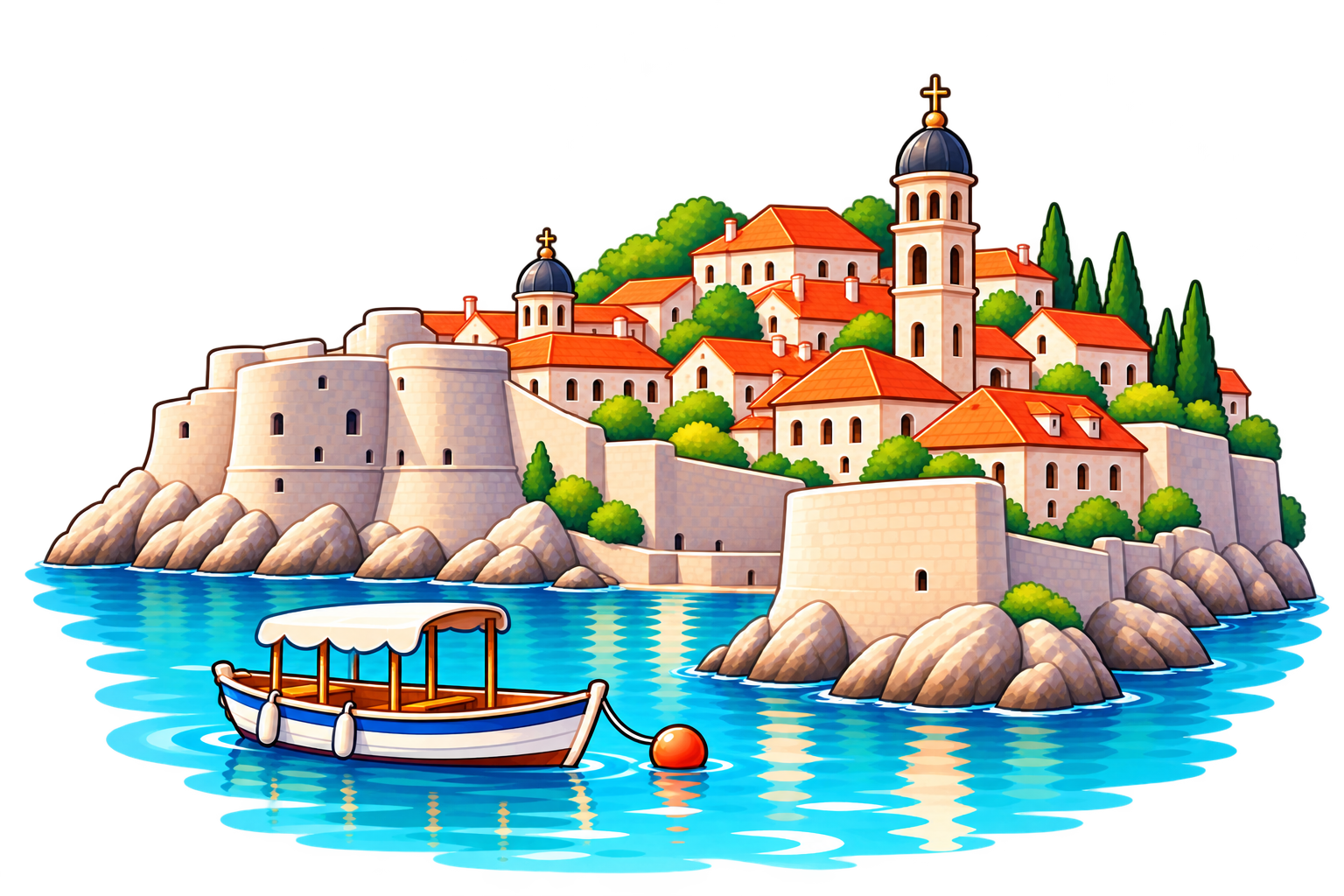 Cute illustration of a Croatian coastal town with terracotta rooftops, stone walls and a boat on turquoise water