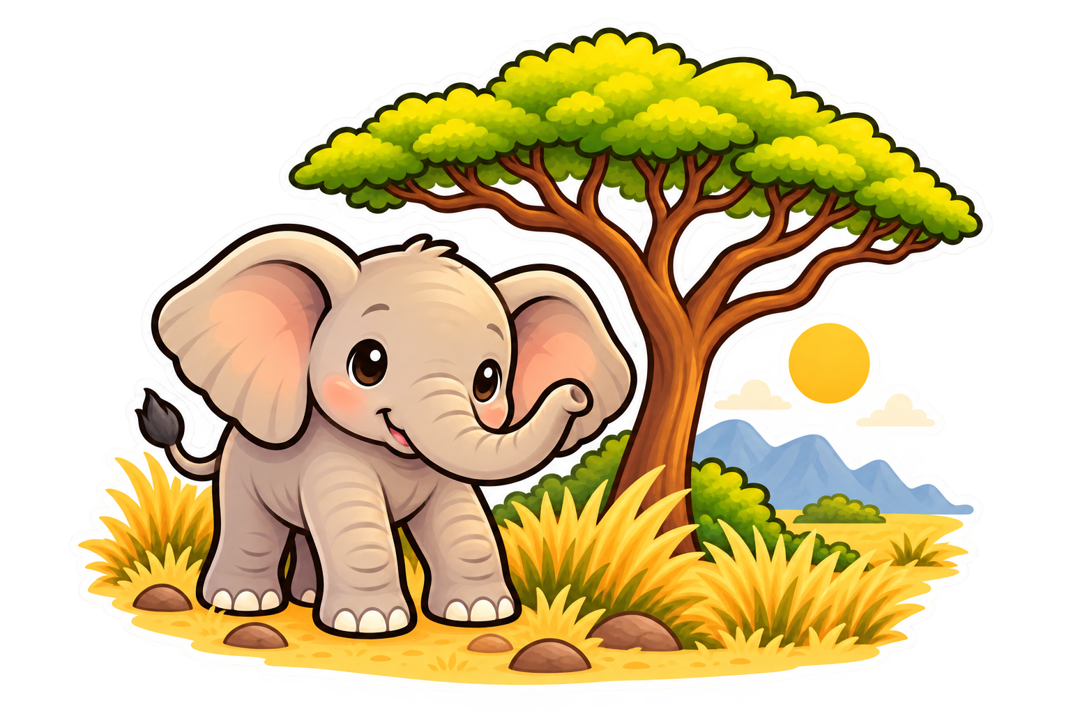 Cute baby elephant beside an acacia tree in the South African savannah