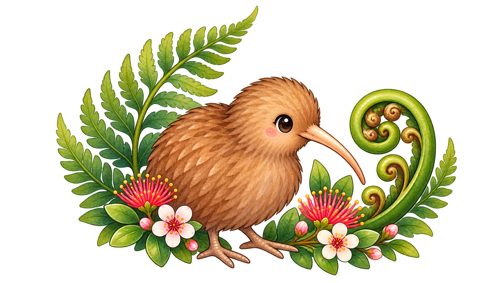 Kawaii New Zealand kiwi bird with ferns and flowers