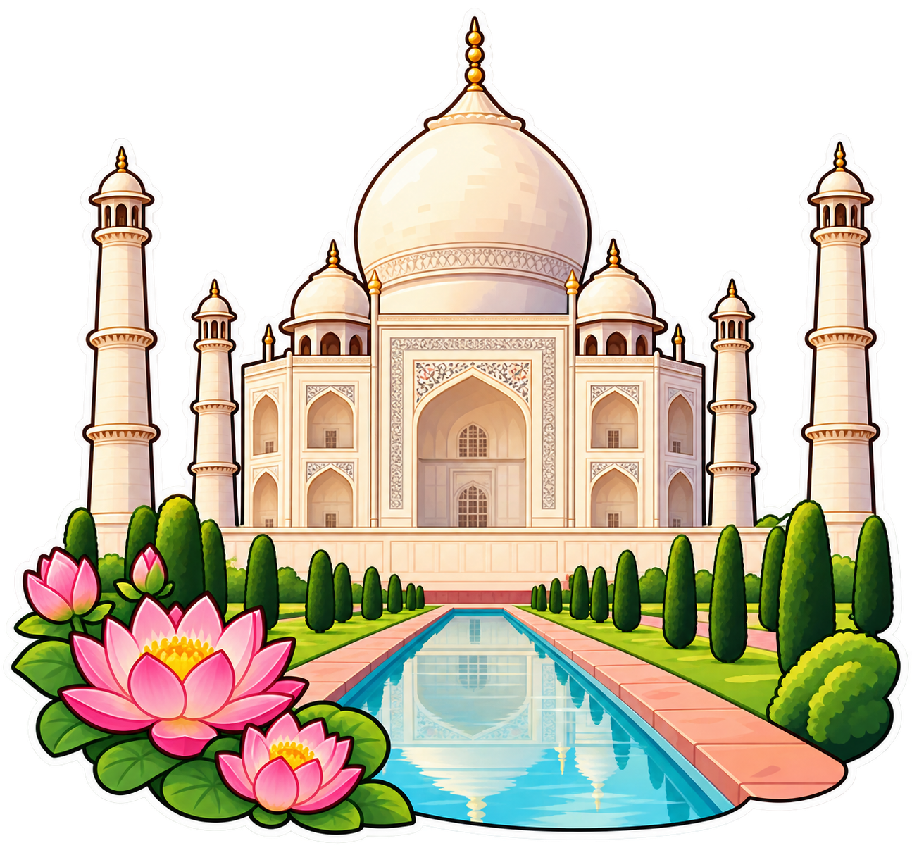 Kawaii illustration of the Taj Mahal with lotus flowers and a reflecting pool
