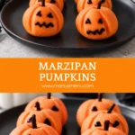 Orange pumpkin-shaped marzipan sweets with black icing faces and clove stems on a plate.