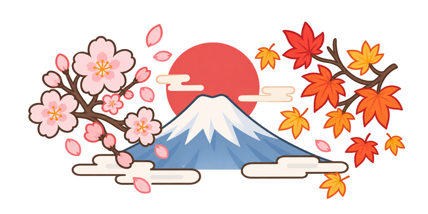 Mount Fuji with cherry blossoms and autumn maple leaves