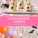 Chocolate-coated strawberry ghosts with glossy black eyes and mouths, patches of red strawberry and chocolate pooled around their bases.