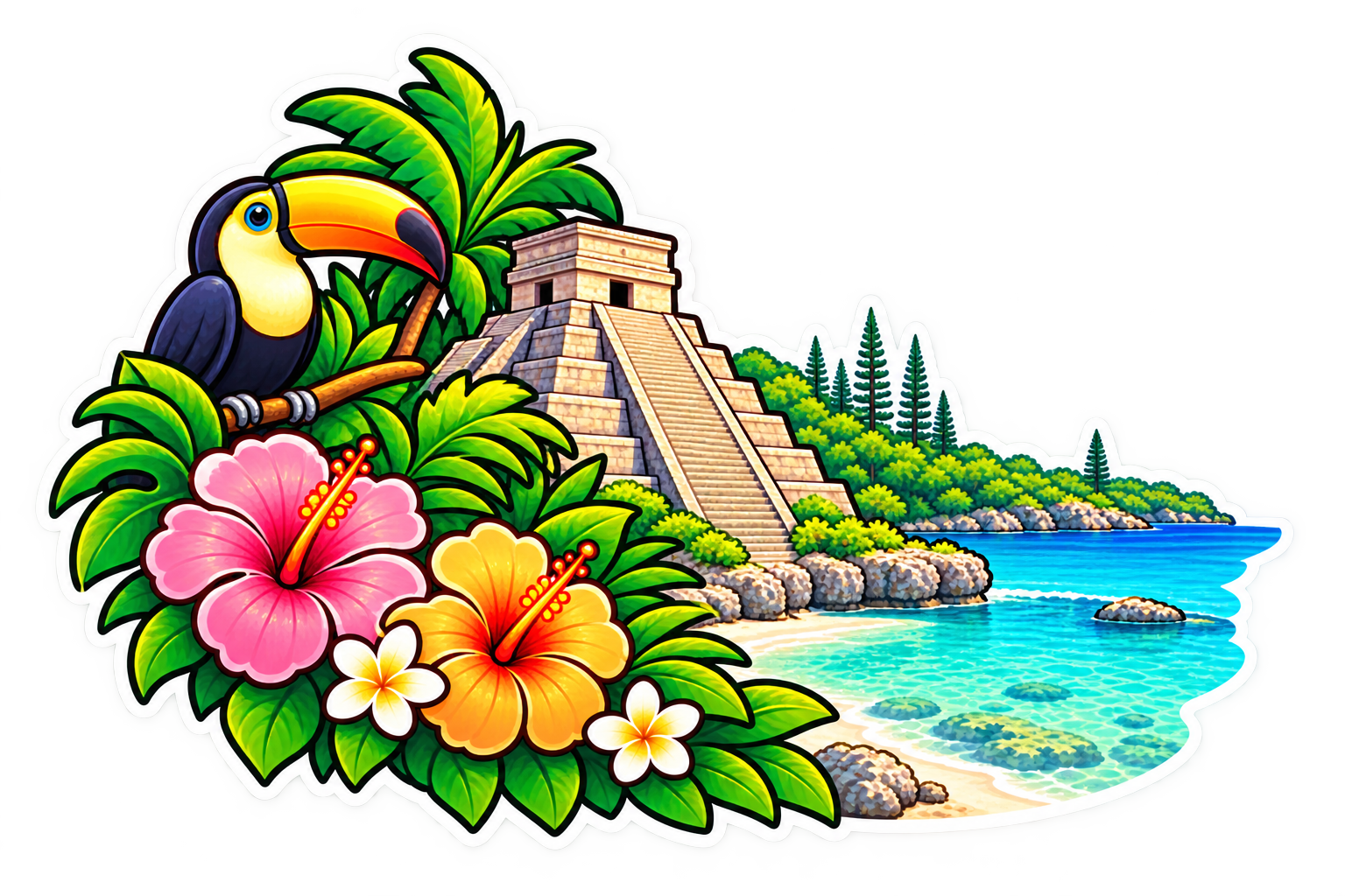 Cute Central American illustration with a Mayan pyramid, toucan, tropical flowers and turquoise Caribbean water