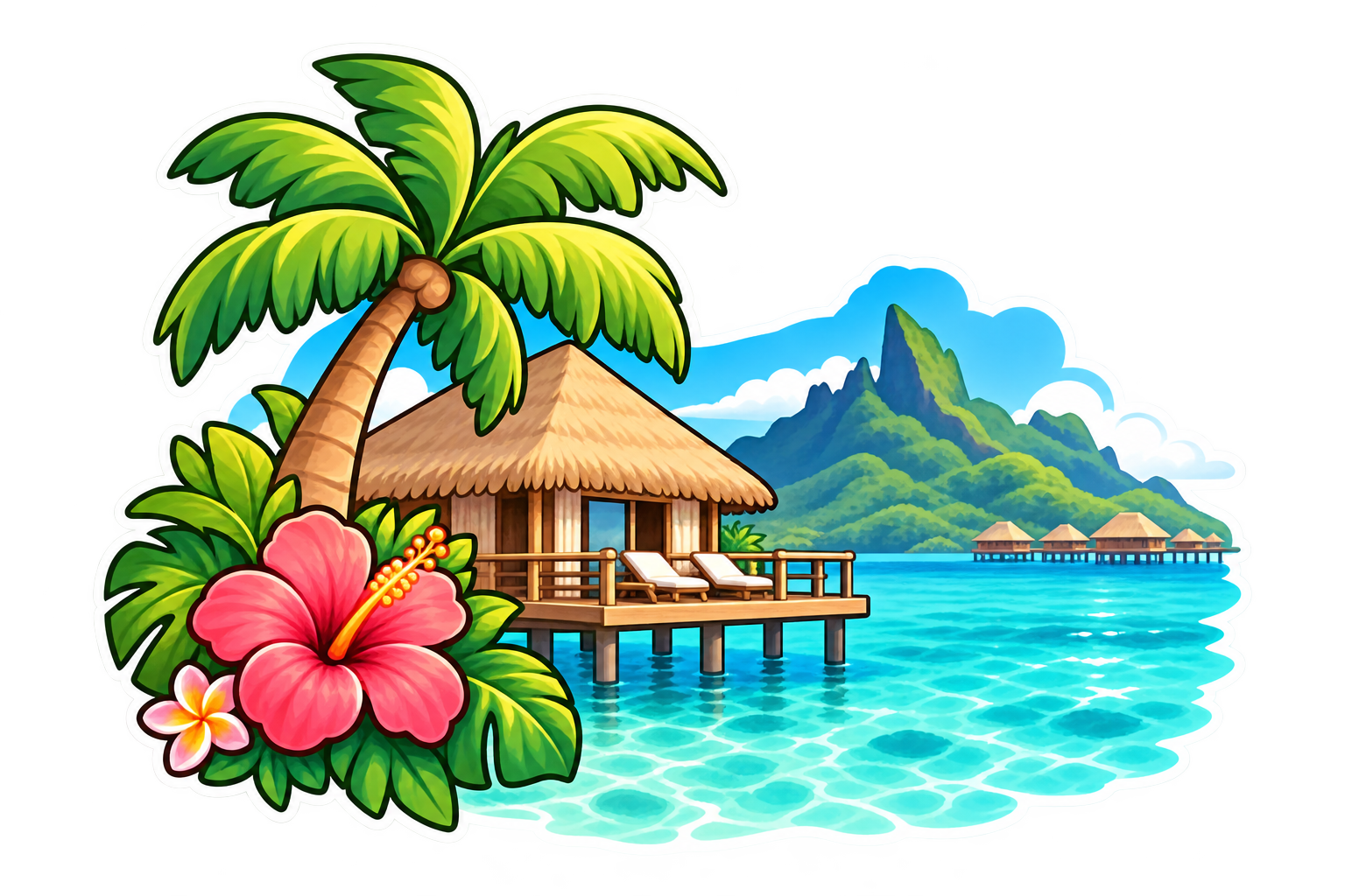 Cute tropical overwater bungalow with a palm tree, hibiscus flower and turquoise Polynesian lagoon