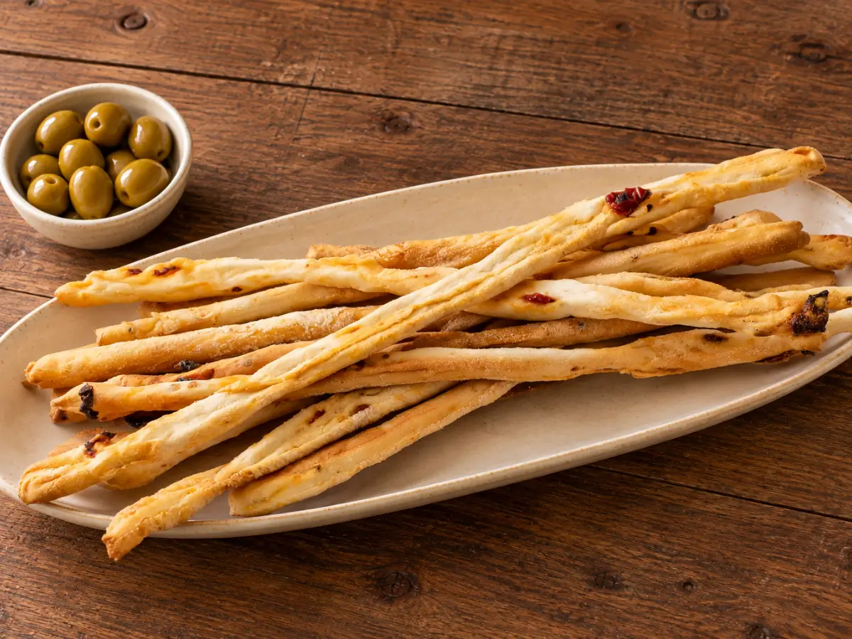 Long, golden tomato breadsticks arranged across an oval platter beside a small bowl of green olives.