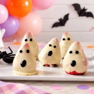 Strawberry Ghosts coated in white chocolate with black icing faces on a white rectangular platter, with pastel balloons and a ceramic ghost in the background.