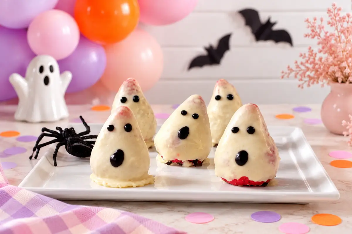 Strawberry Ghosts coated in white chocolate with black icing faces on a white rectangular platter, with pastel balloons and a ceramic ghost in the background.