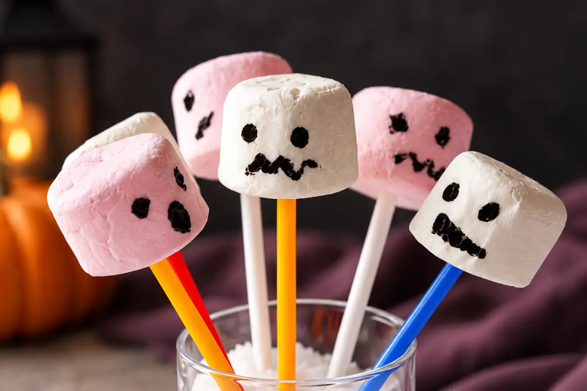 Close-up of pink and white marshmallows with different black facial expressions on colourful sticks, with a softly blurred Halloween background.