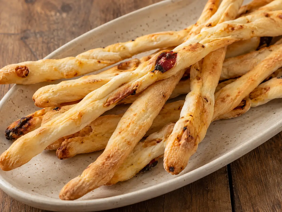 Close-up of golden Italian breadsticks with irregular ridges and pieces of sun-dried tomato on a platter.