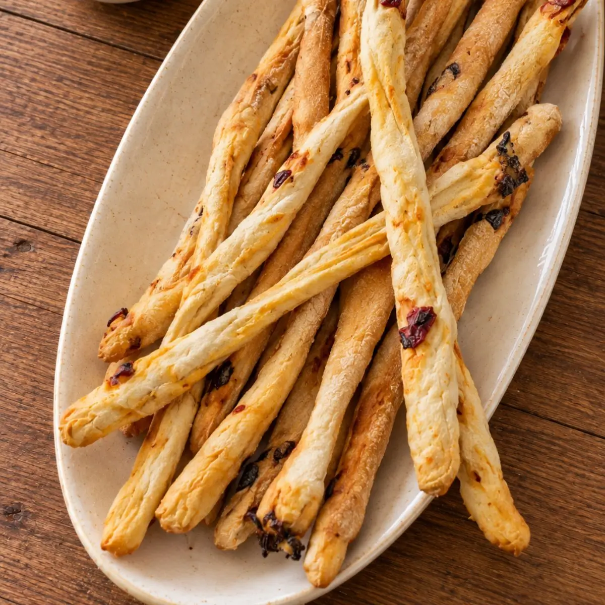 Sun-Dried Tomato Grissini piled diagonally on a platter over a wooden table.