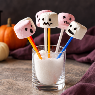Pink and white marshmallow monster pops in a clear glass, with orange pumpkin treats and white ghosts on a platter behind them.