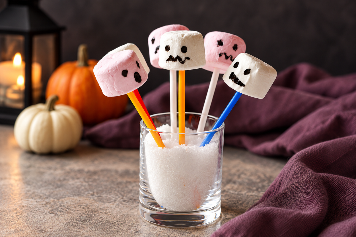 Pink and white marshmallow monster pops in a clear glass, with orange pumpkin treats and white ghosts on a platter behind them.