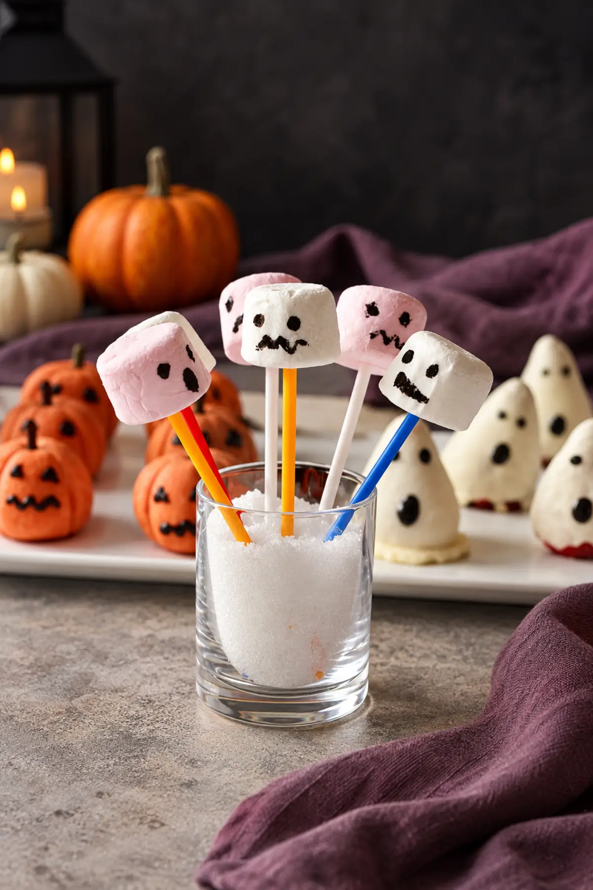 Marshmallow pops with black faces displayed in a glass against a plum fabric backdrop with pumpkins and a lantern.