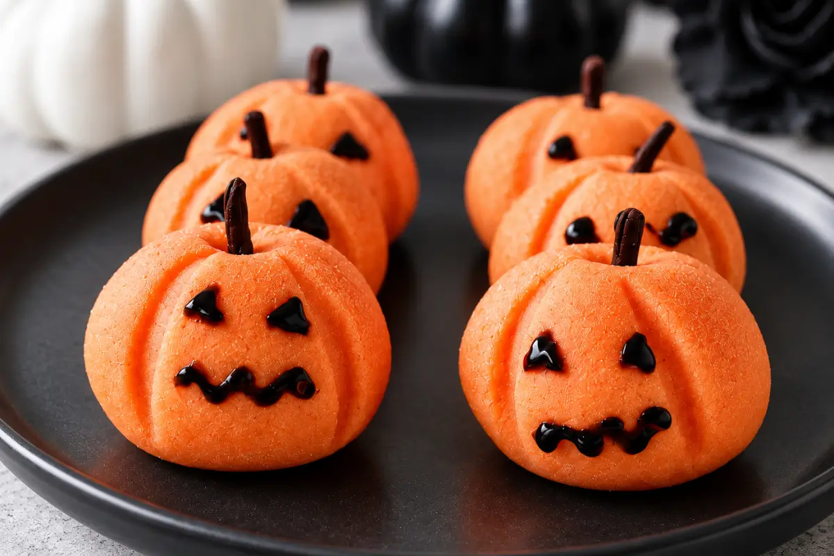 Close view of six pumpkin-shaped sweets with dark clove stems and icing faces arranged on a black plate.