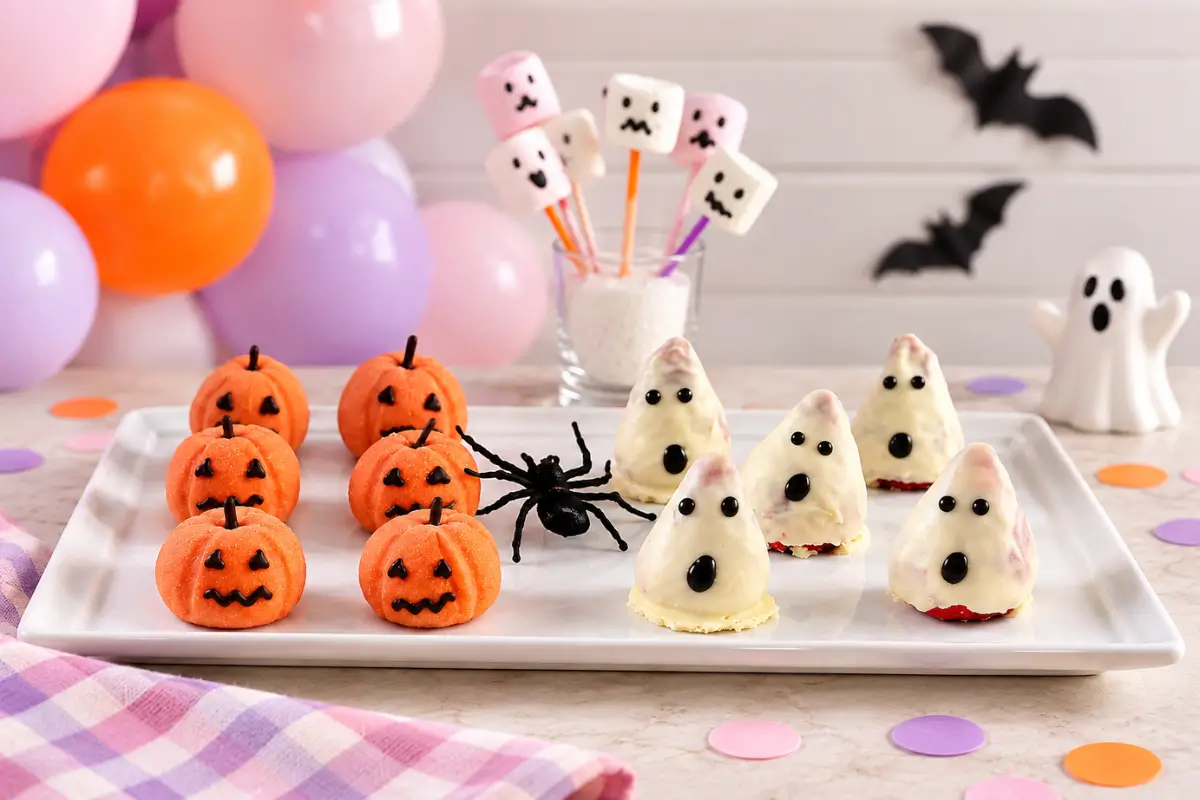 White chocolate strawberry ghosts and orange pumpkin-shaped sweets on a white platter, with marshmallow pops, a black spider and pastel Halloween decorations.