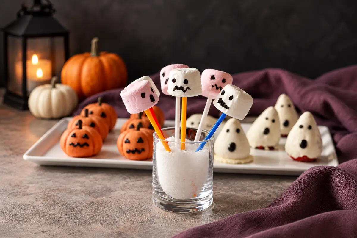 Marshmallow Monsters with pink and white faces on colourful sticks in a glass, with pumpkin and ghost treats on a platter behind.
