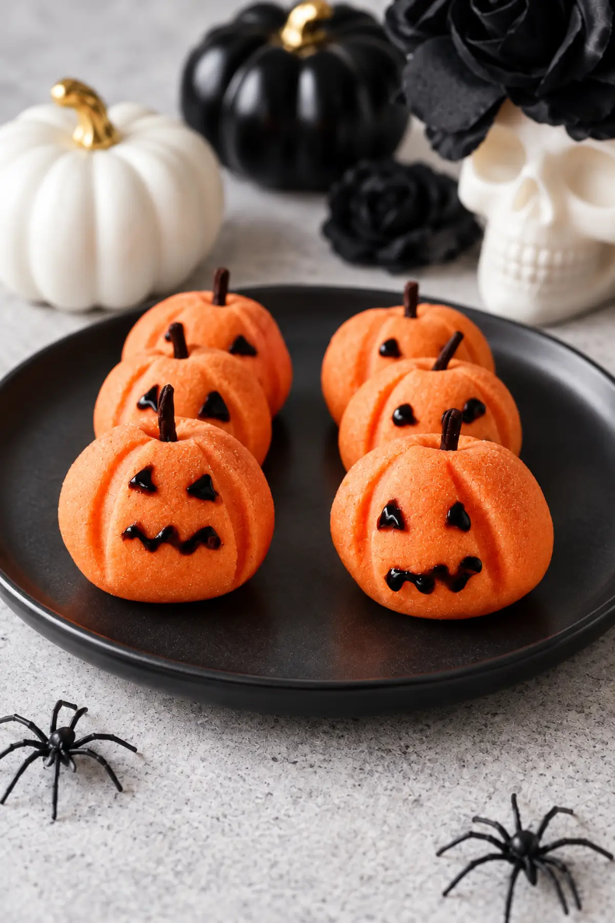 Orange marzipan pumpkins with black icing faces and clove stems on a black plate surrounded by Halloween decorations.