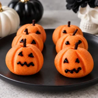 Six orange marzipan sweets with clove stems and black icing faces on a round plate beside Halloween decorations.