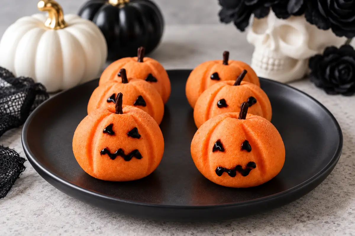 Six orange marzipan sweets with clove stems and black icing faces on a round plate beside Halloween decorations.
