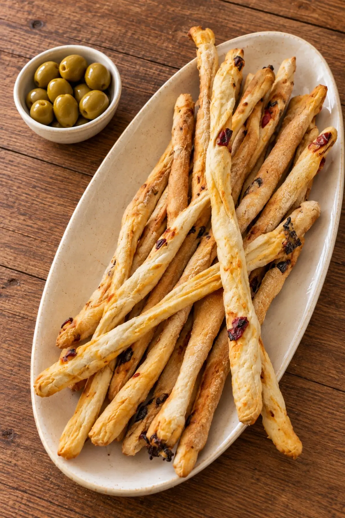 Overhead view of thin, golden breadsticks overlapping on a platter.