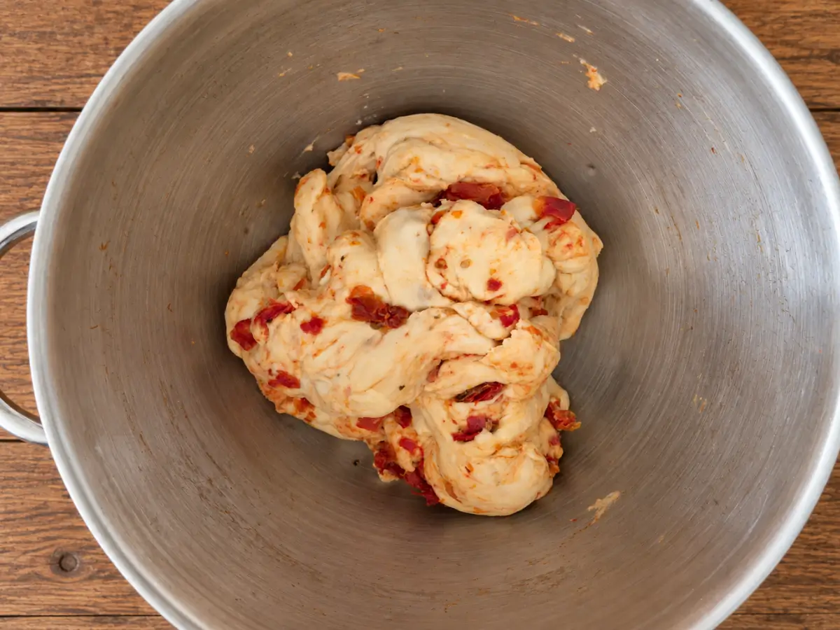 Kneaded breadstick dough with visible pieces of sun-dried tomato in a stainless steel mixer bowl.